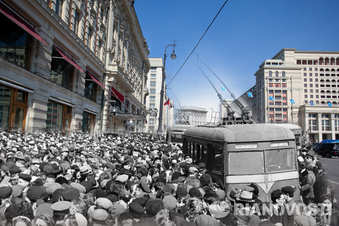 1941年和2013年莫斯科莫霍瓦亚大街  图片来源：俄新社