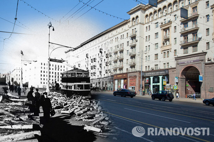 1941年与2013年莫斯科的高尔基大街  图片来源：俄新社